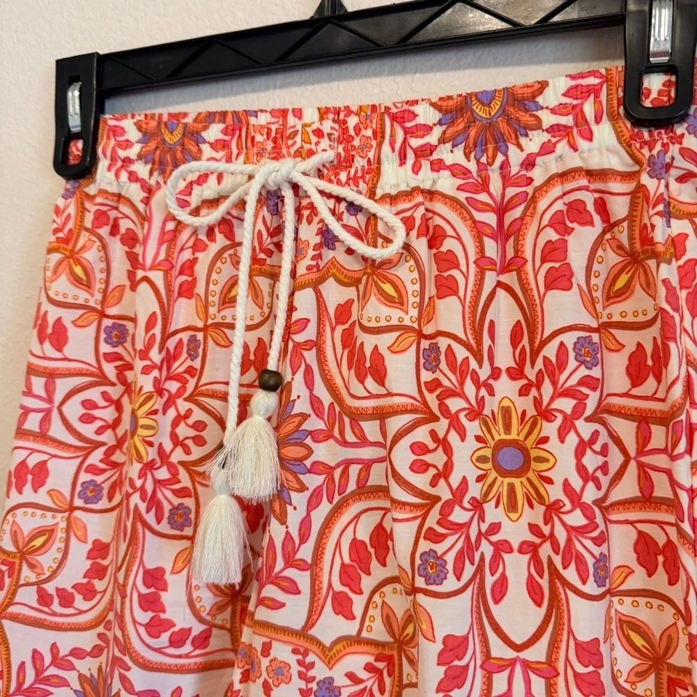 Olivaceous boho print orange wide leg pull up elastic waist cotton pants, sz S